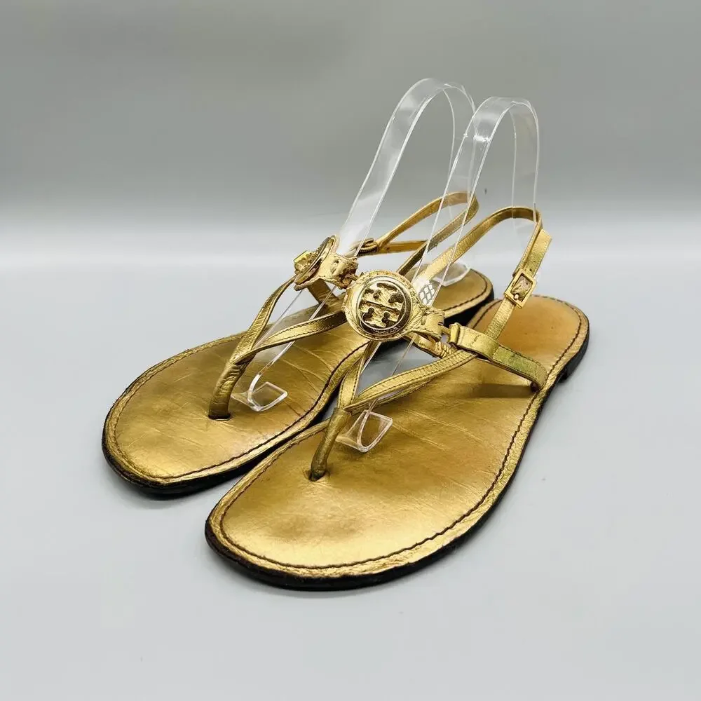 Tory Burch Sandals Womens 9 Gold Leather Thong Ankle Strap Logo Medallion Shoes